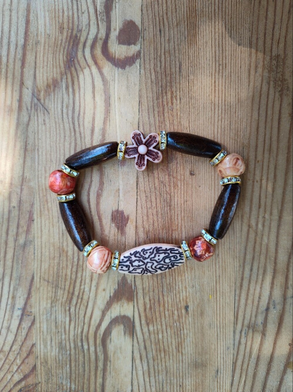 Handmade Neutral Shades of Brown wooden Beads with Gold tone rhinestone spacers
